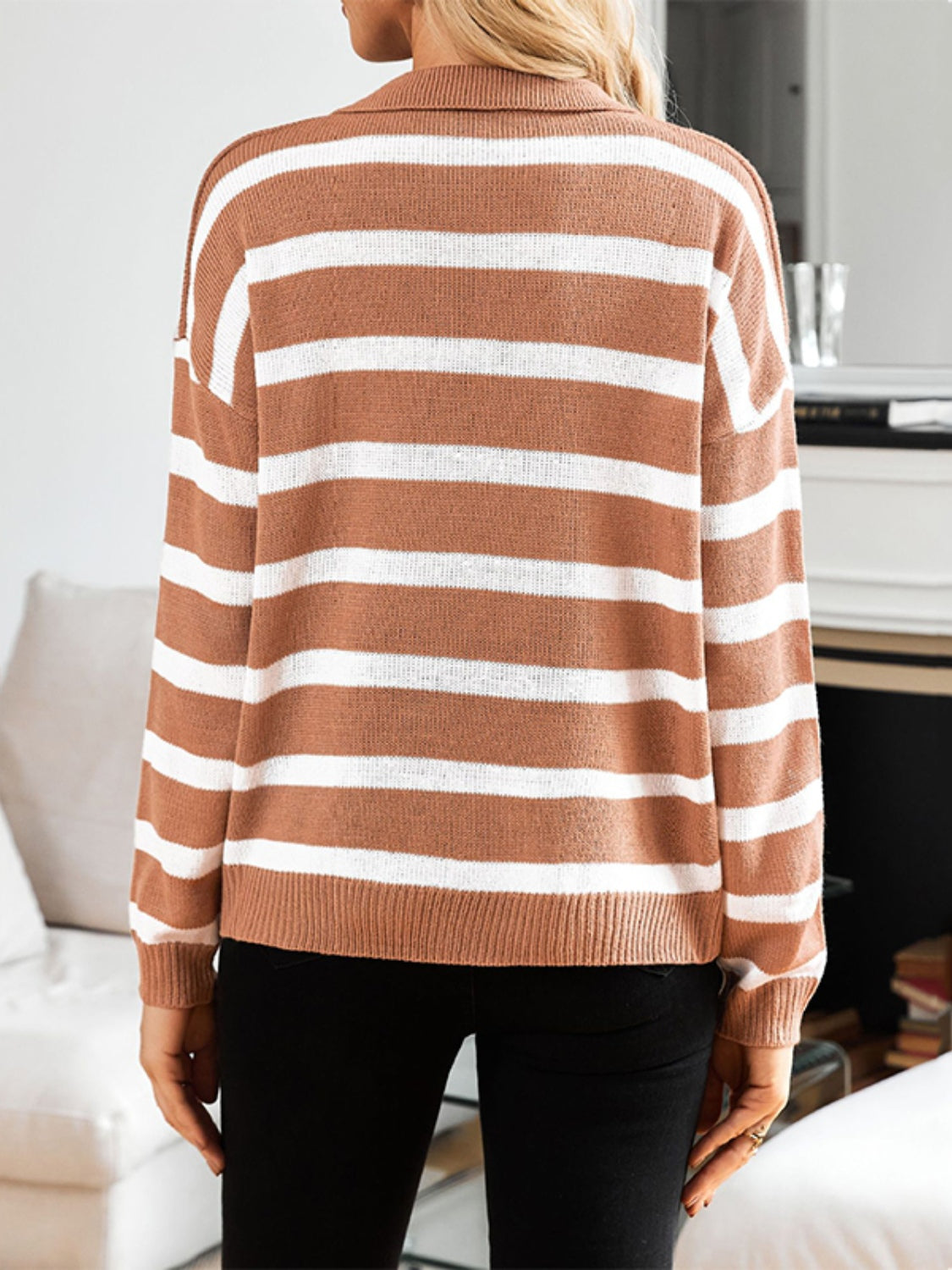 Striped Johnny Collar Long Sleeve Sweater