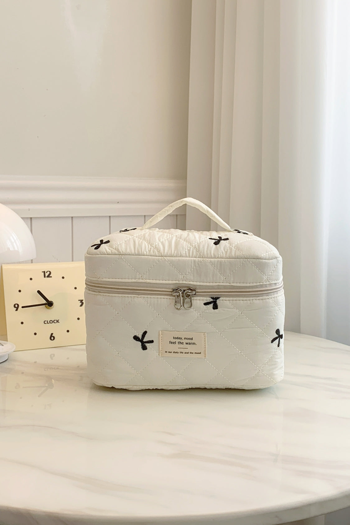 Bow Embroidered Quilted Storage Bag with Zip