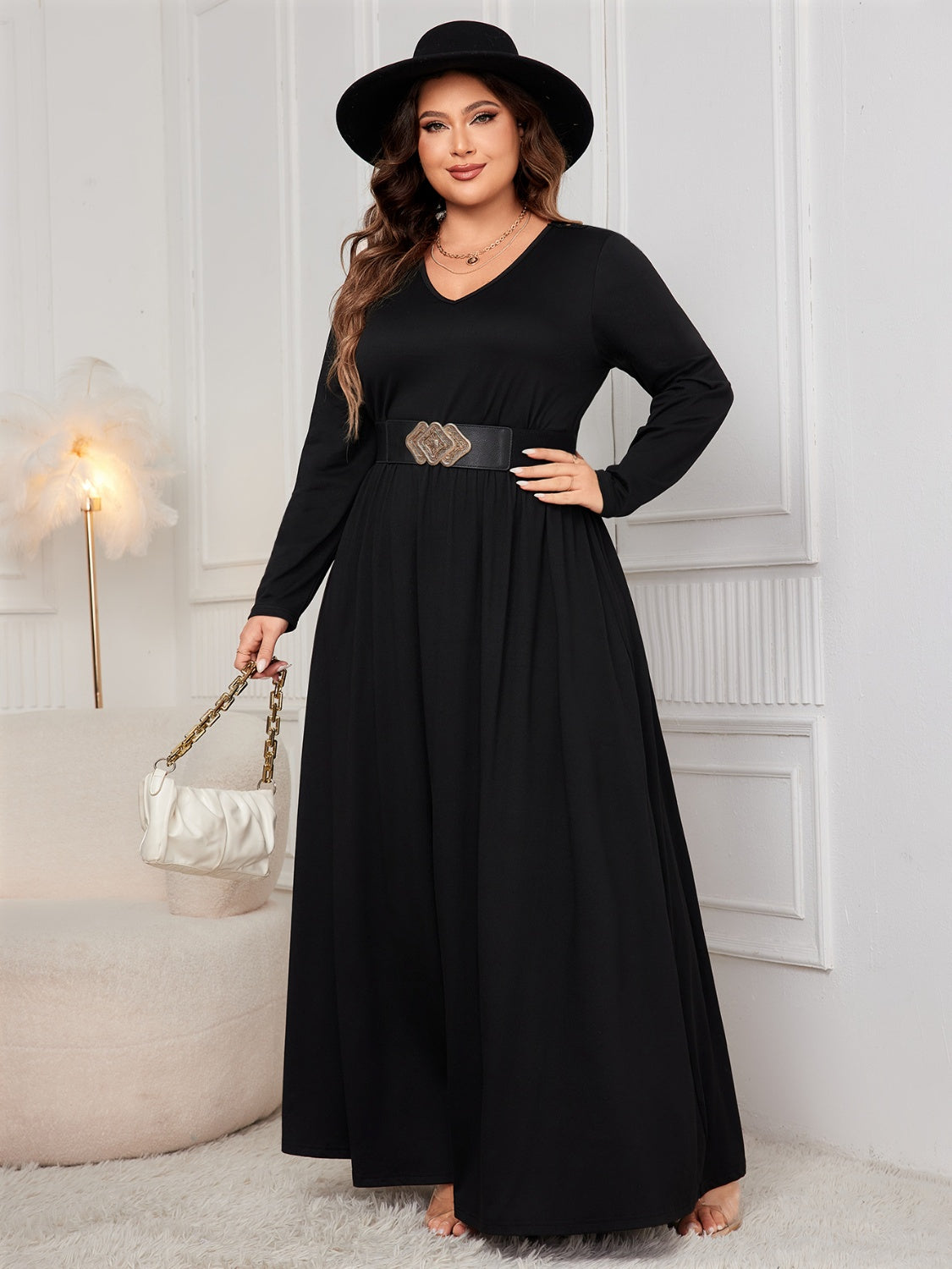 Plus Size Cutout V-Neck Black Long Sleeve Maxi Dress