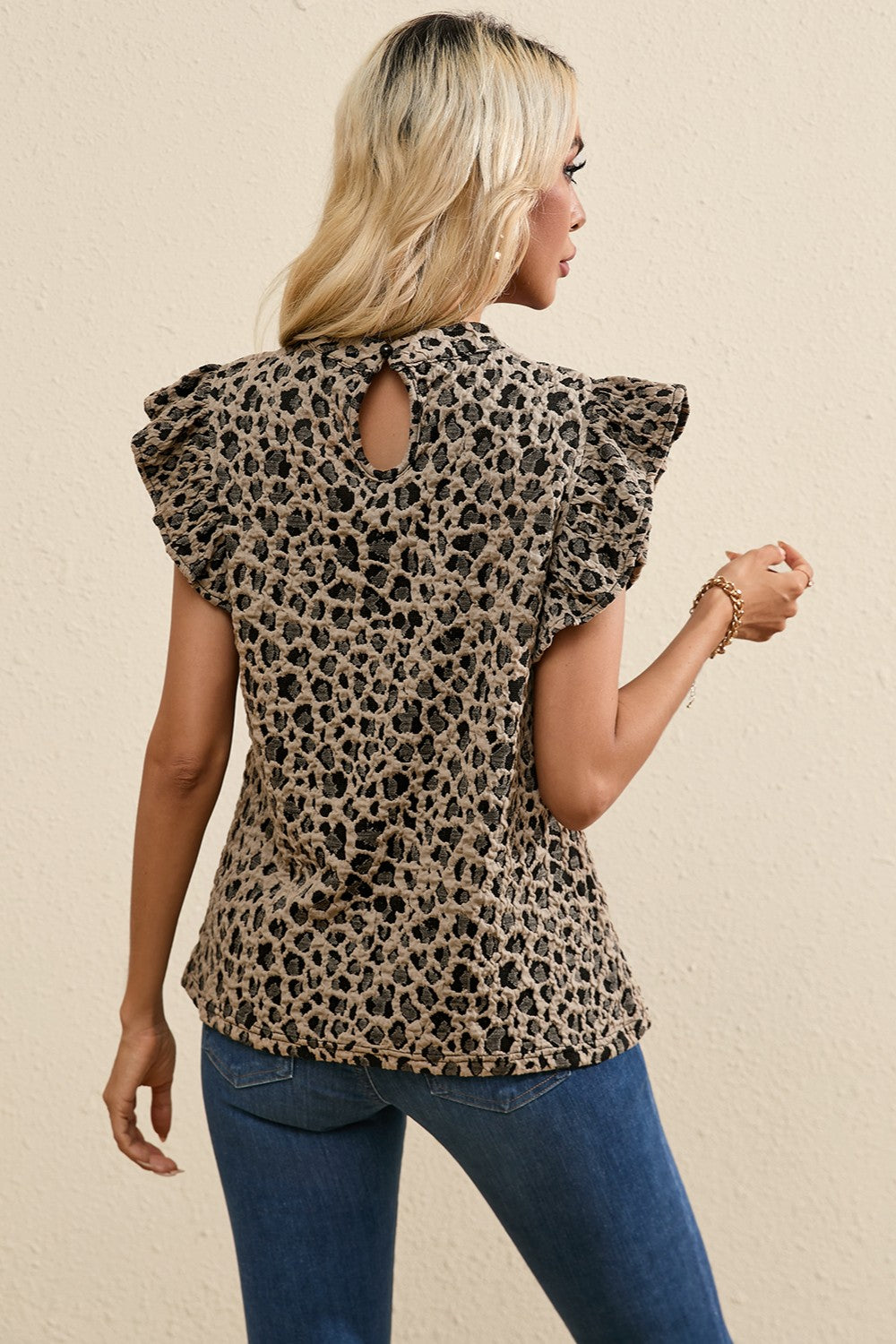 Full Size Ruffled Leopard Round Neck Cap Sleeve Blouse