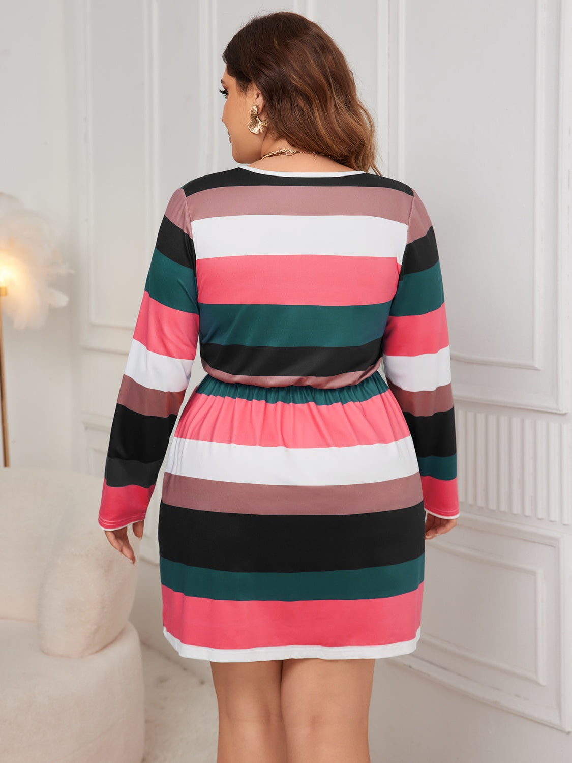 Plus Size Striped V-Neck Burnt Coral Long Sleeve Mini Dress