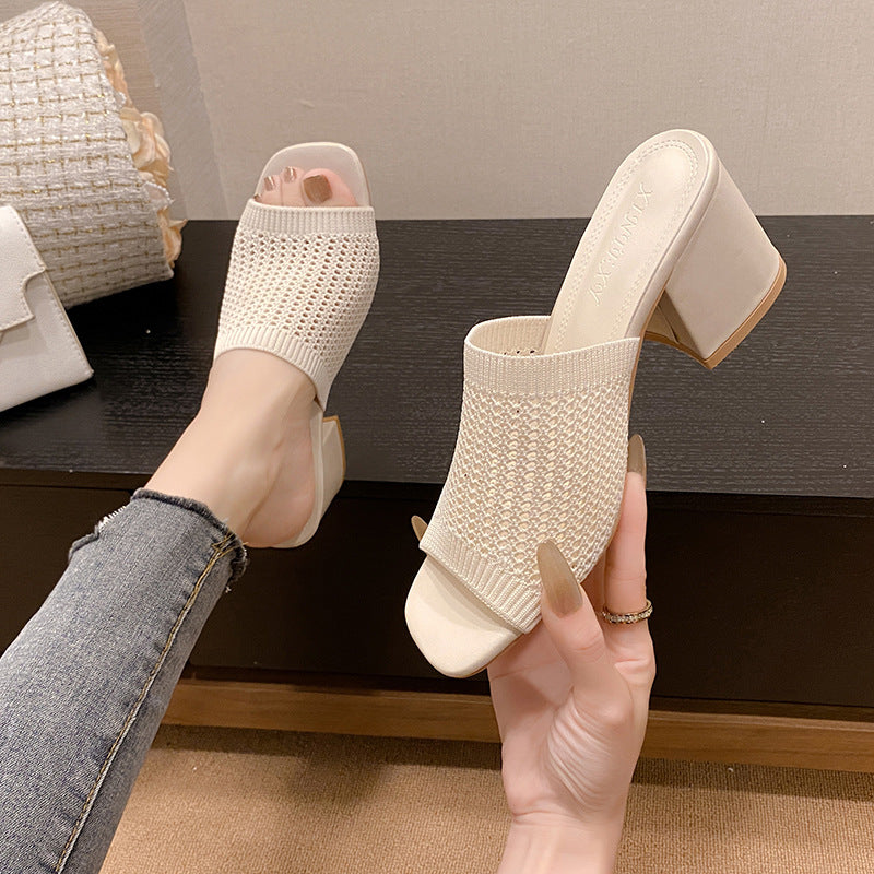 Block Heel Knit Sandals