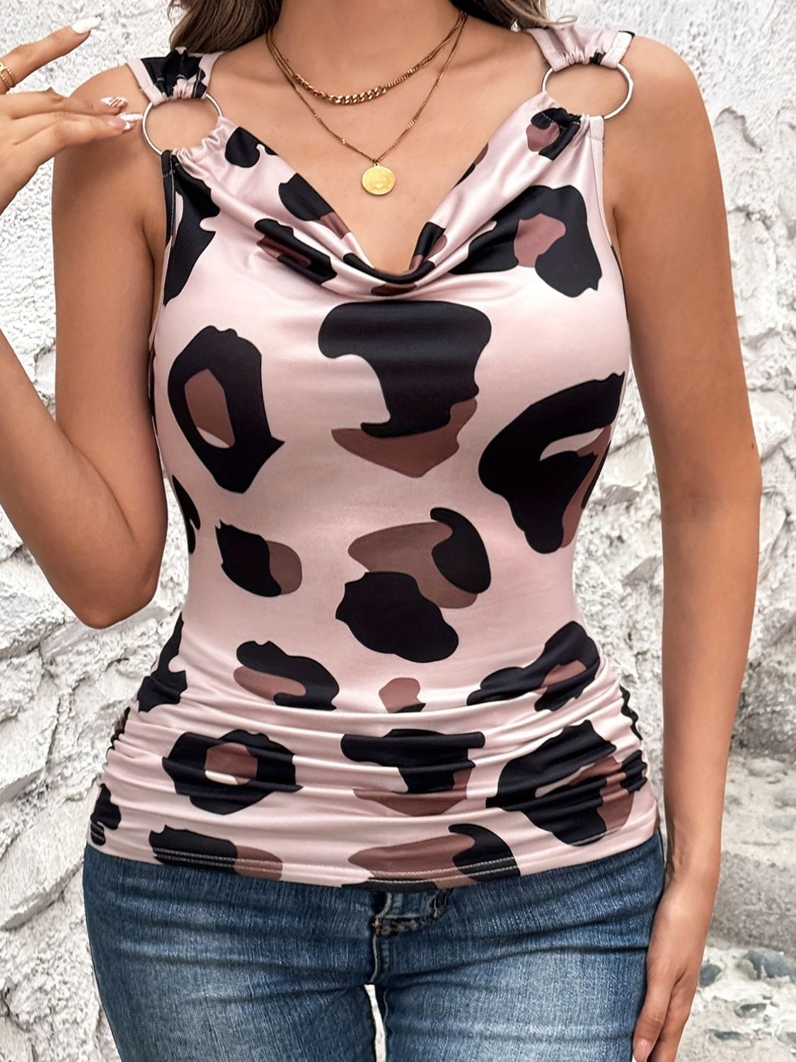 Leopard Cowl Neck Wide Strap Top