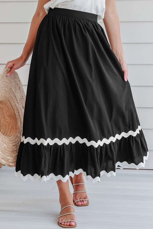 Black Contrast Trim Elastic Waist Skirt
