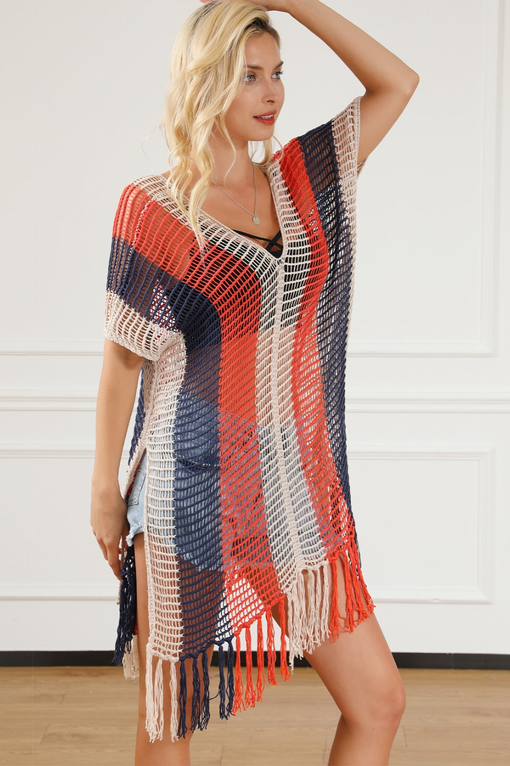 Tassel Color Block V-Neck Cover Up