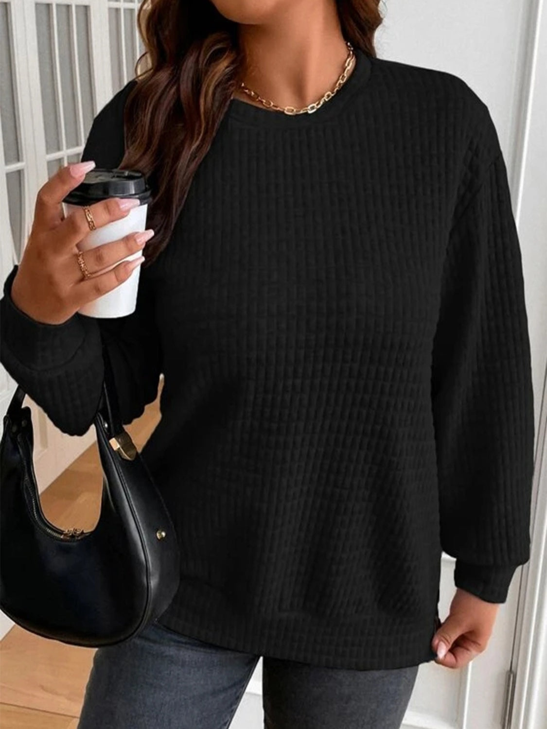 Texture Round Neck Long Sleeve Sweatshirt