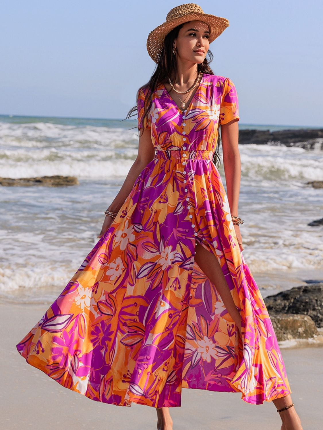 Full Size Printed V-Neck Short Sleeve Midi Dress