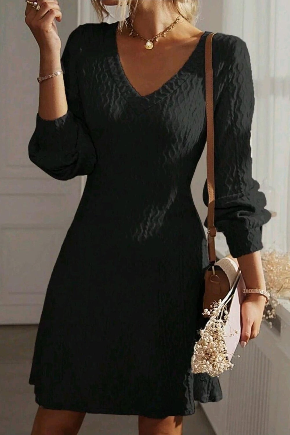 Texture V-Neck Long Sleeve Dress