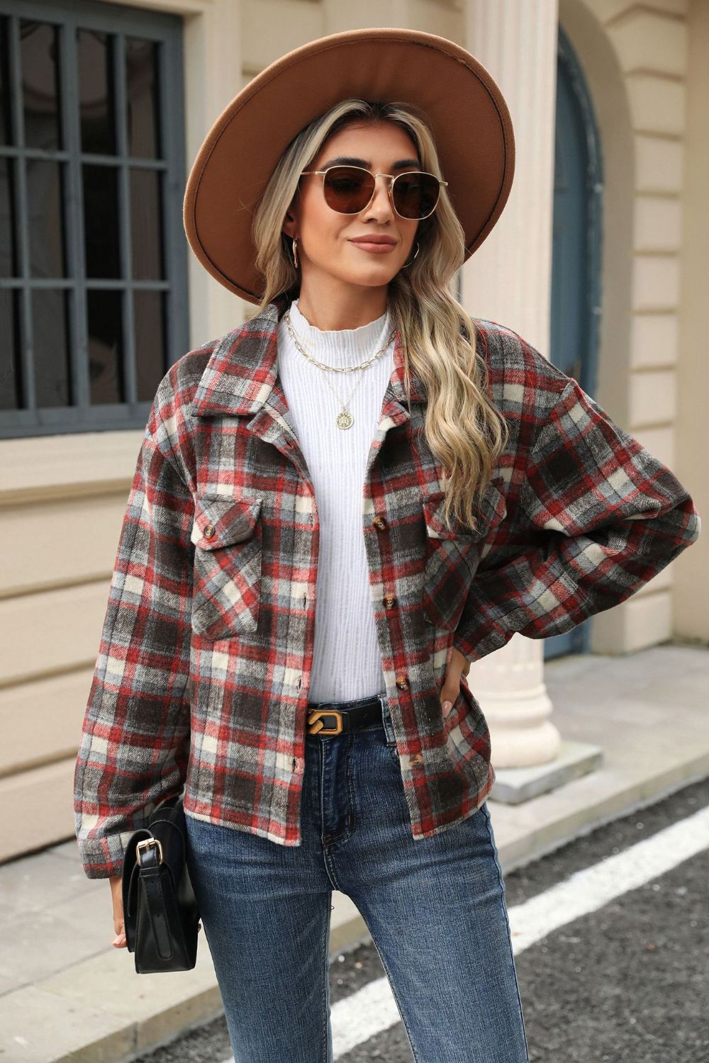 Pocketed Plaid Collared Neck Dropped Shoulder Jacket