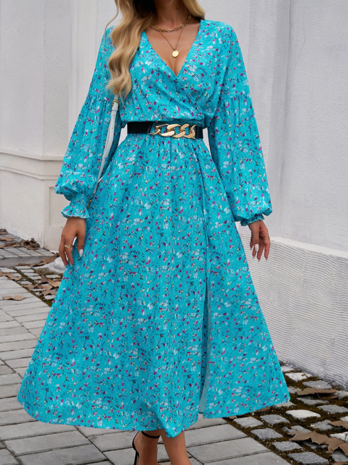 Devine Split Printed Surplice Long Sleeve Midi Dress