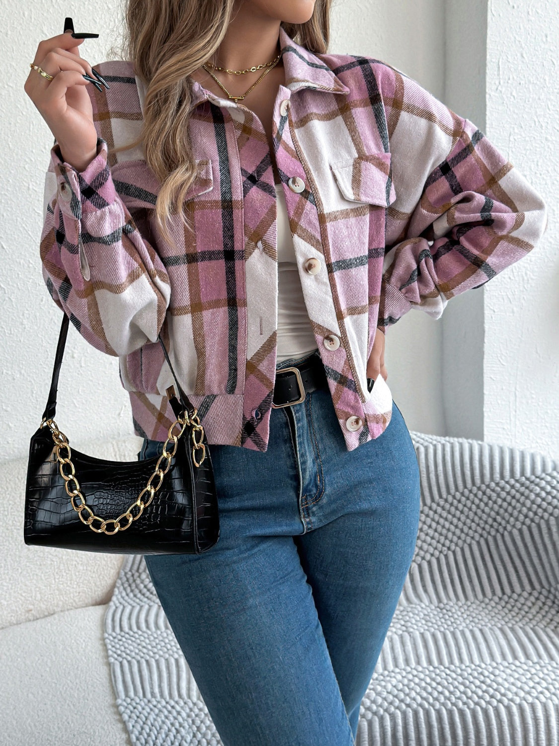 Plaid Button Up Long Sleeve Jacket