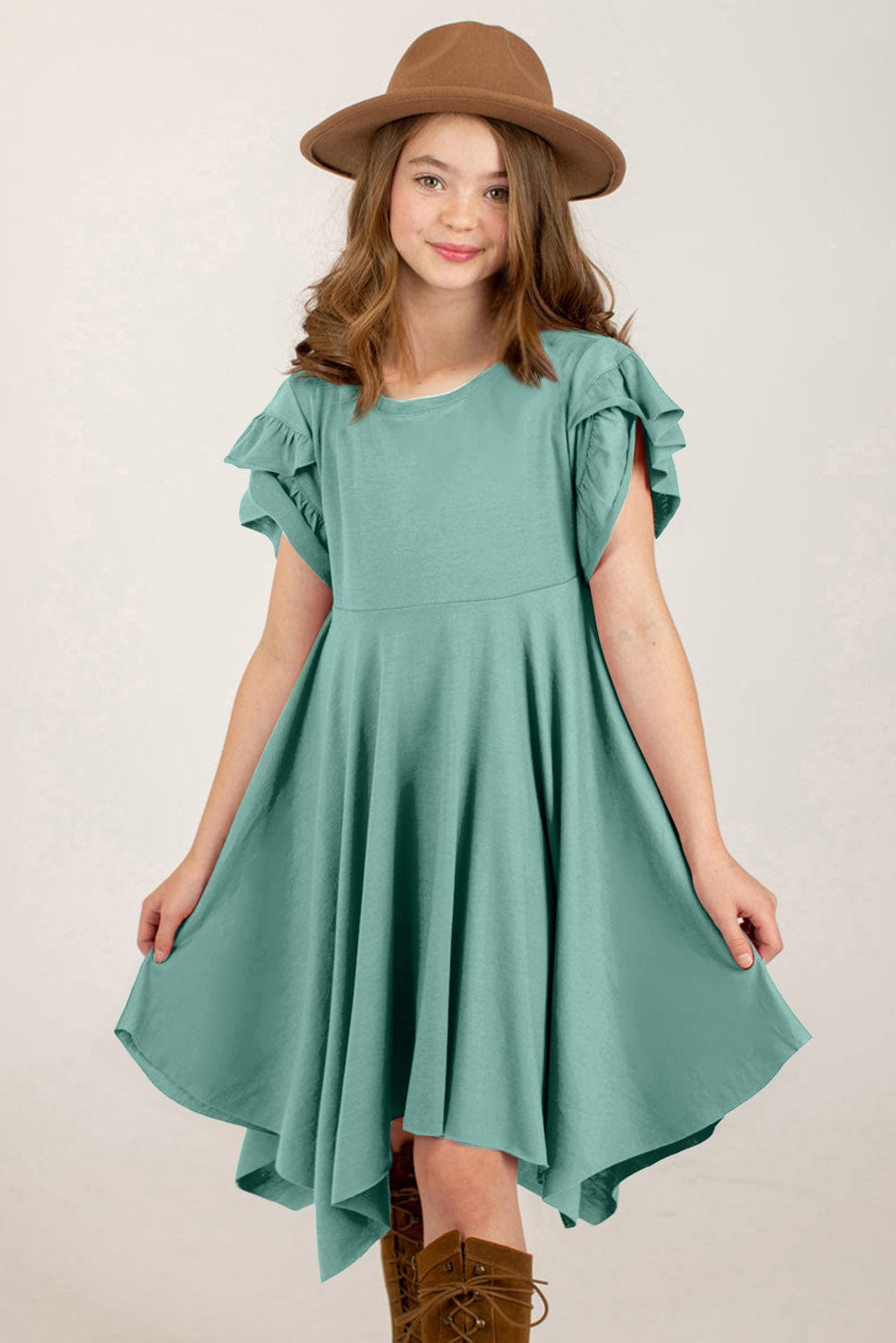 LITTLE GIRLS YOUTH Round Neck Petal Sleeve Dress