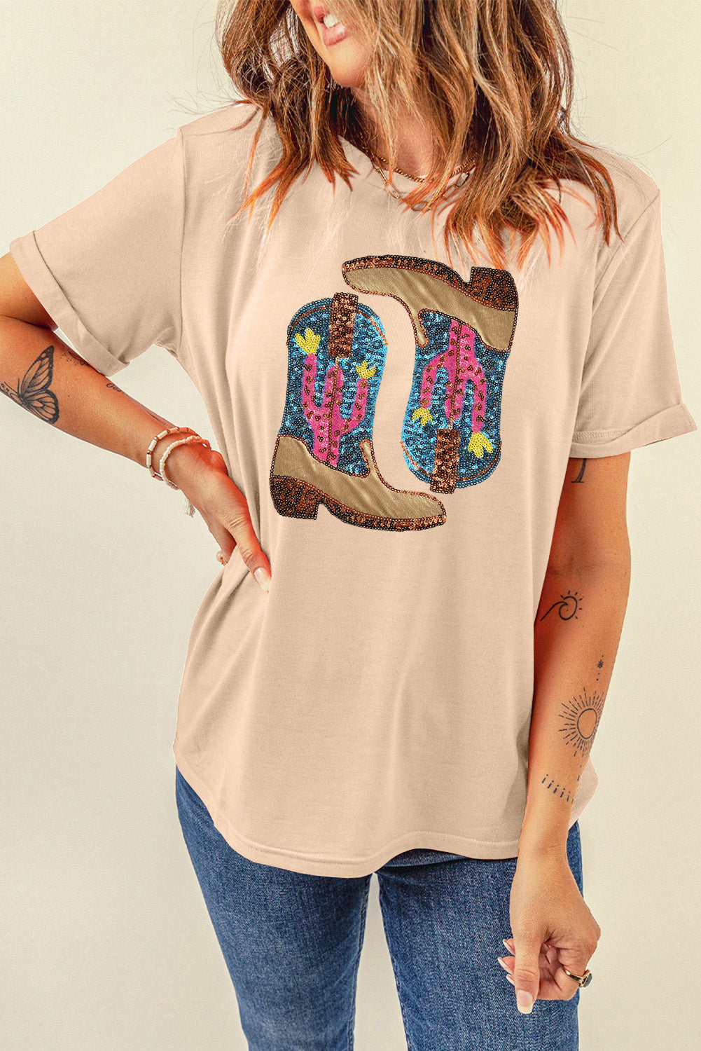 Sequin Round Neck Short Sleeve T-Shirt