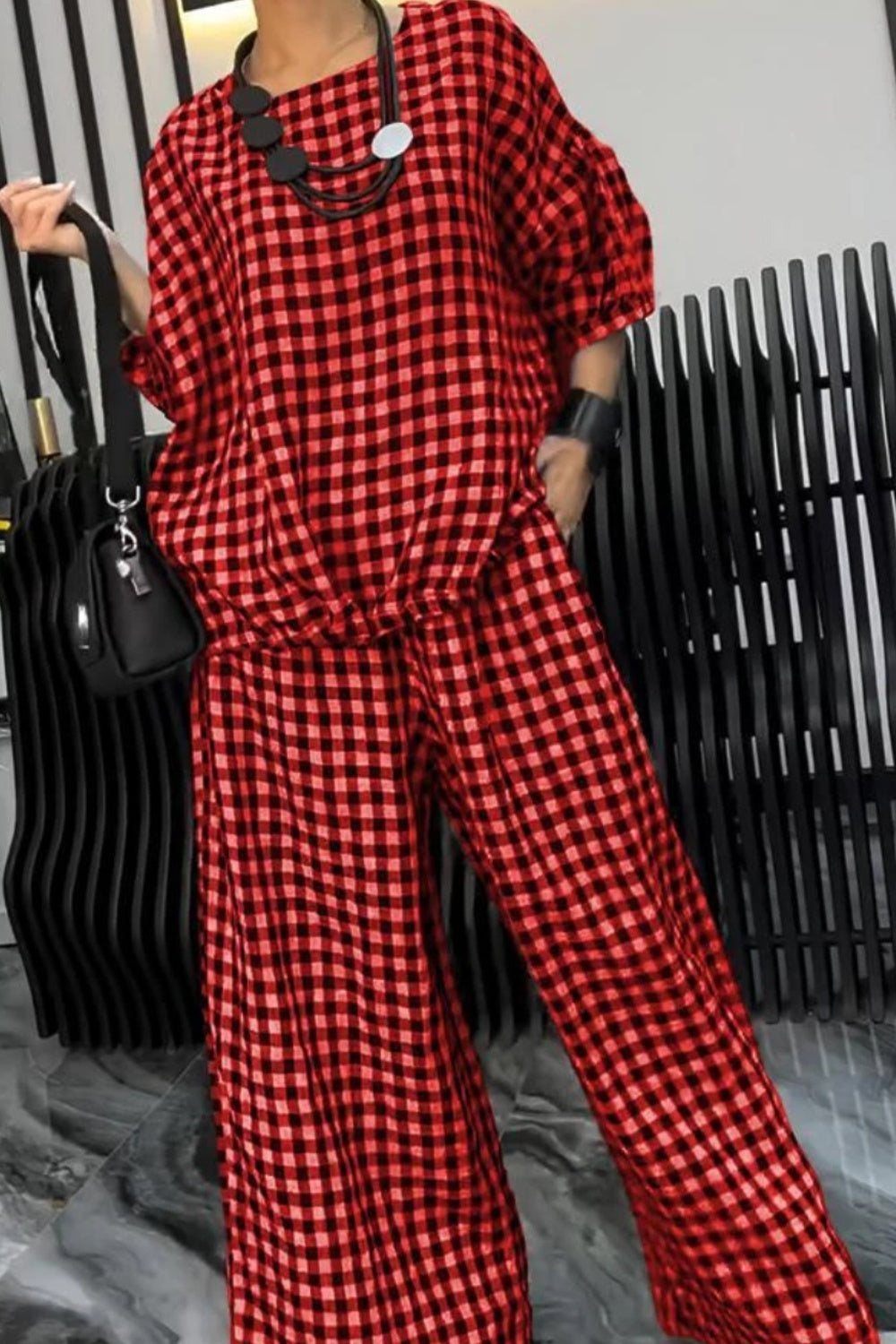 Full Size Plaid Round Neck Half Sleeve Top and Pants Set