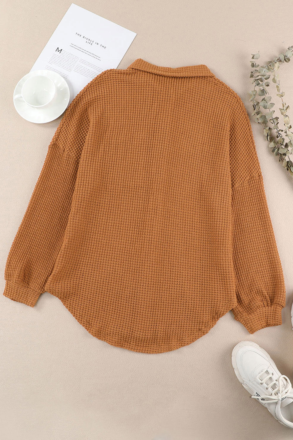 Waffle-Knit Collared Neck Long Sleeve Shirt