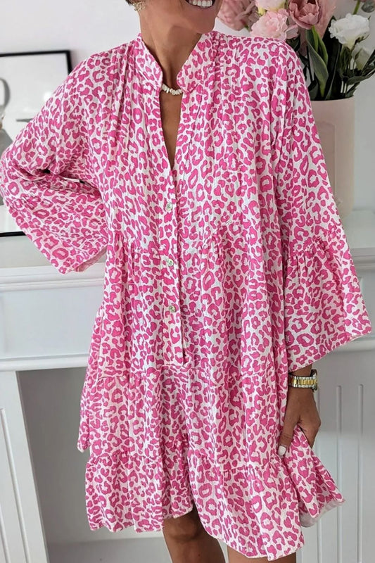 Leopard Notched Long Sleeve Shirt Dress