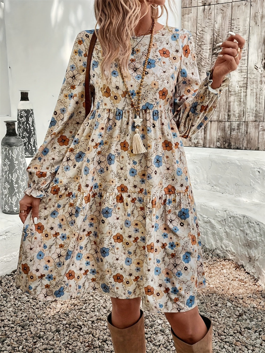 Ruffled Printed Round Neck Long Sleeve Dress