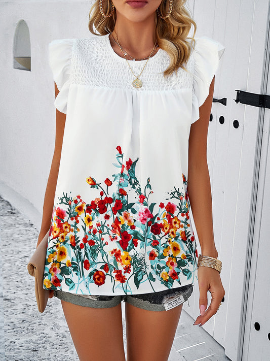 BeYou Floral Smocked Cap Sleeve Blouse