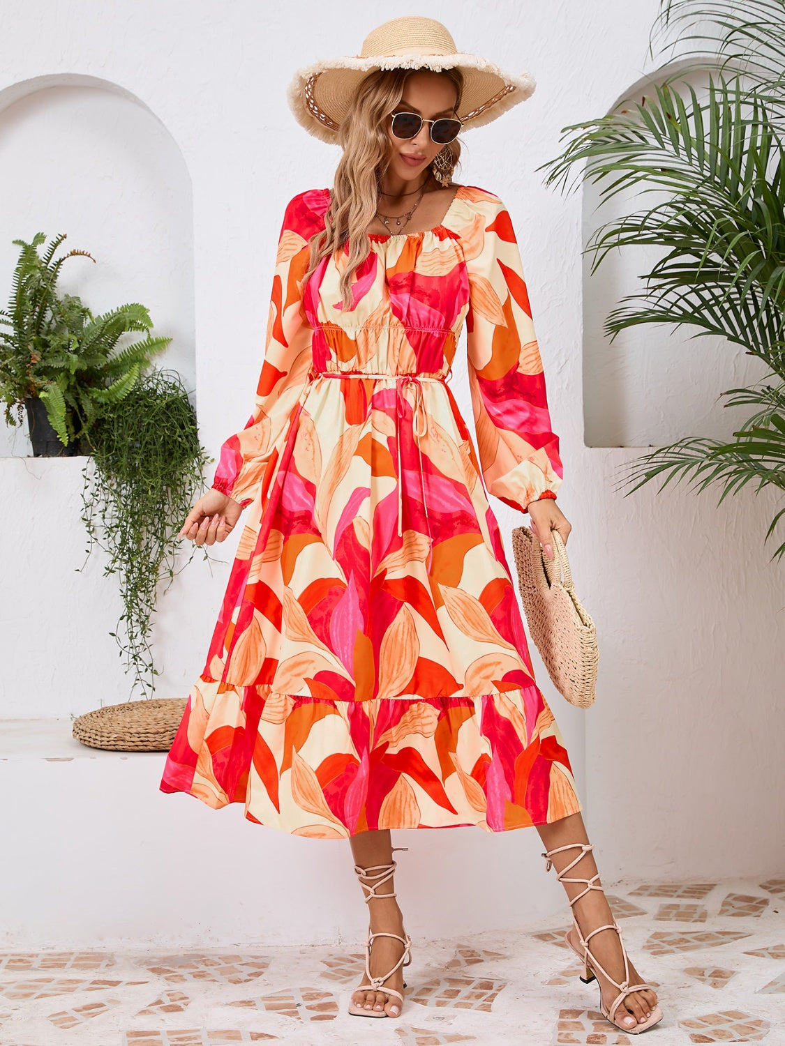 Full Size Printed Long Sleeve Midi Dress