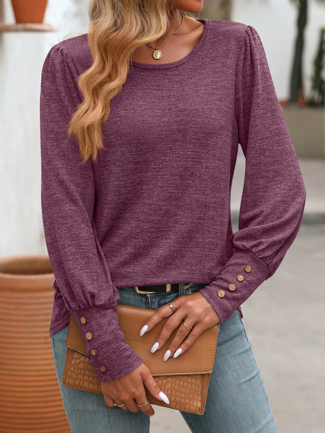 Full Size Decorative Button Round Neck Long Sleeve T-Shirt