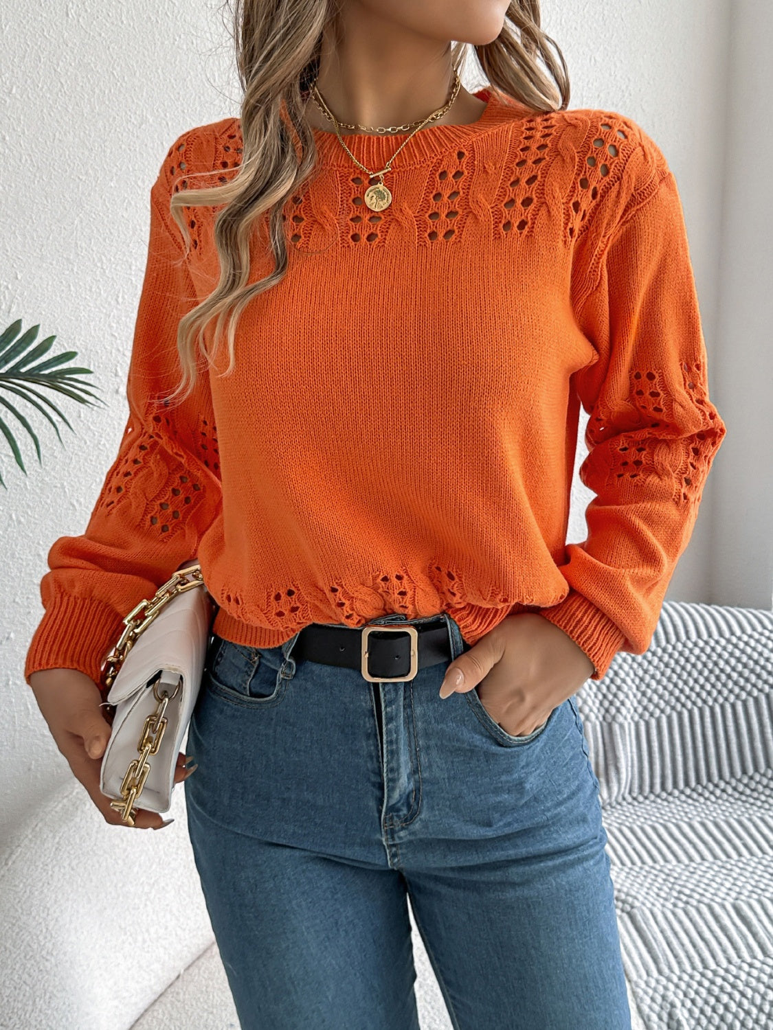 Openwork Round Neck Long Sleeve Sweater