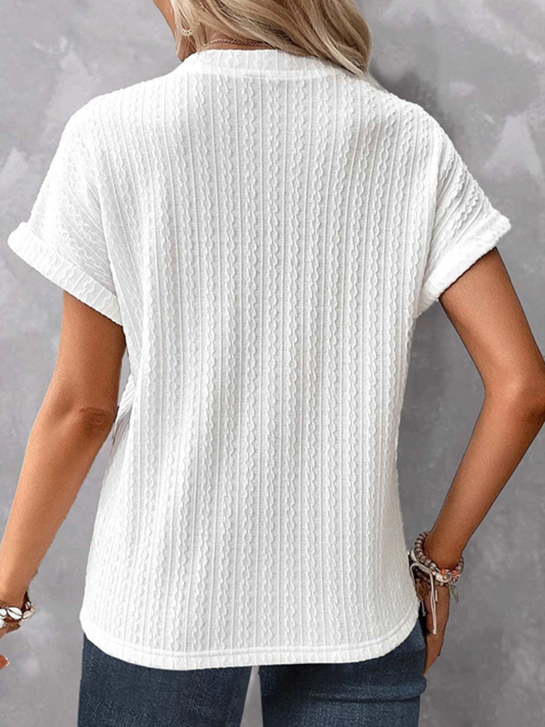 Full Size Textured Notched Short Sleeve Blouse