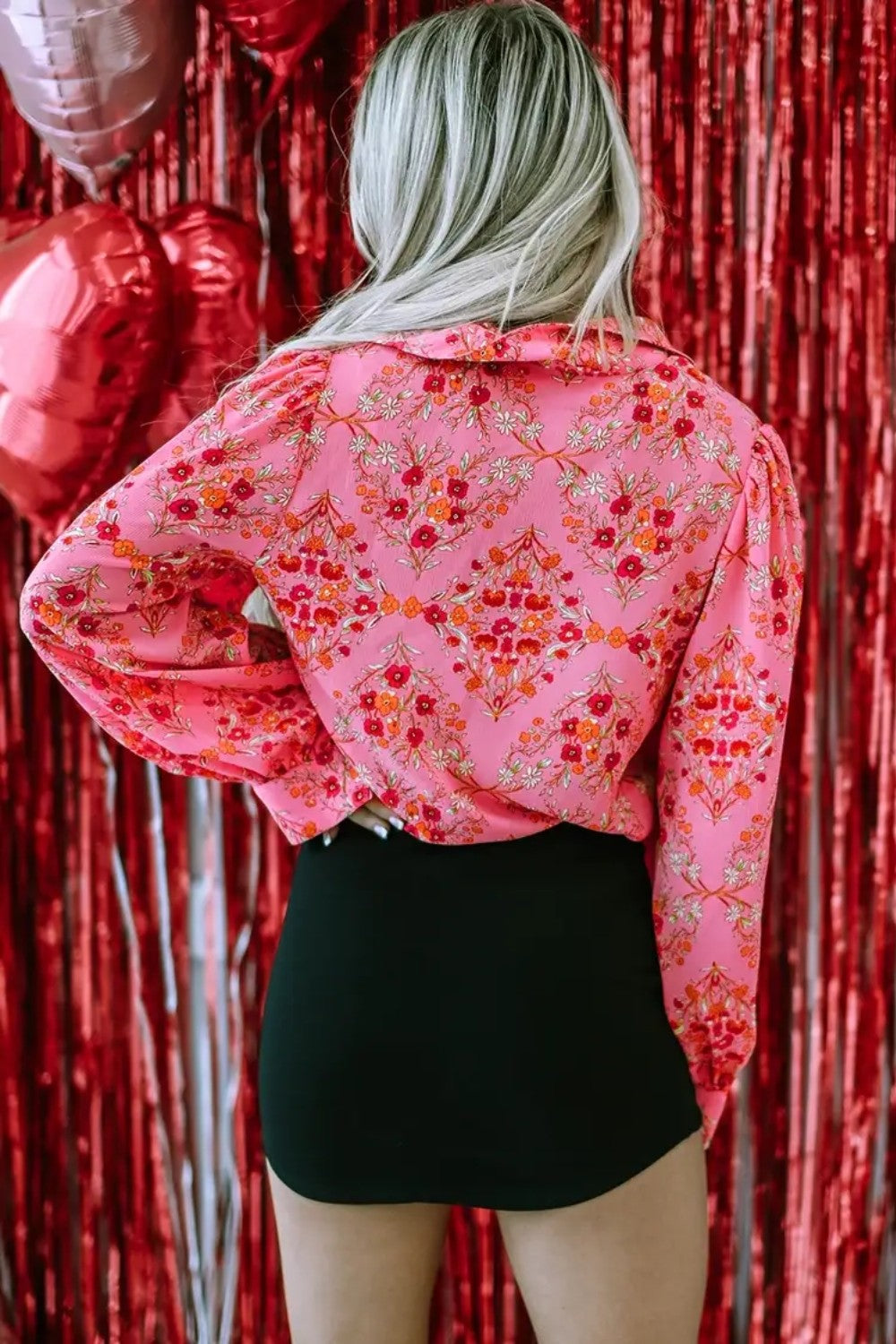 Coral Ditsy Floral Collared Neck Shirt