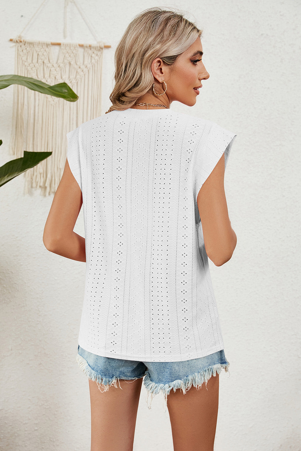 Full Size Eyelet Round Neck Tank