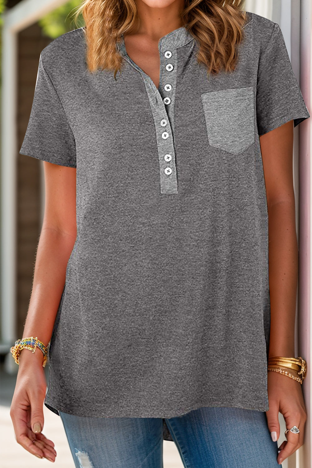 Full Size Half Button Short Sleeve T-Shirt