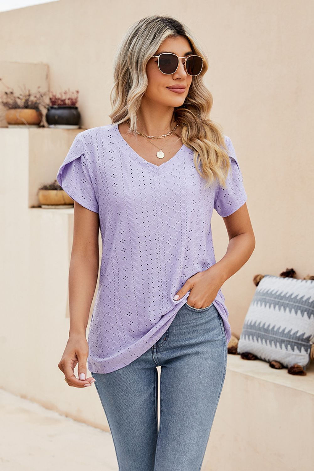 Eyelet Petal Sleeve V-Neck Knit Top