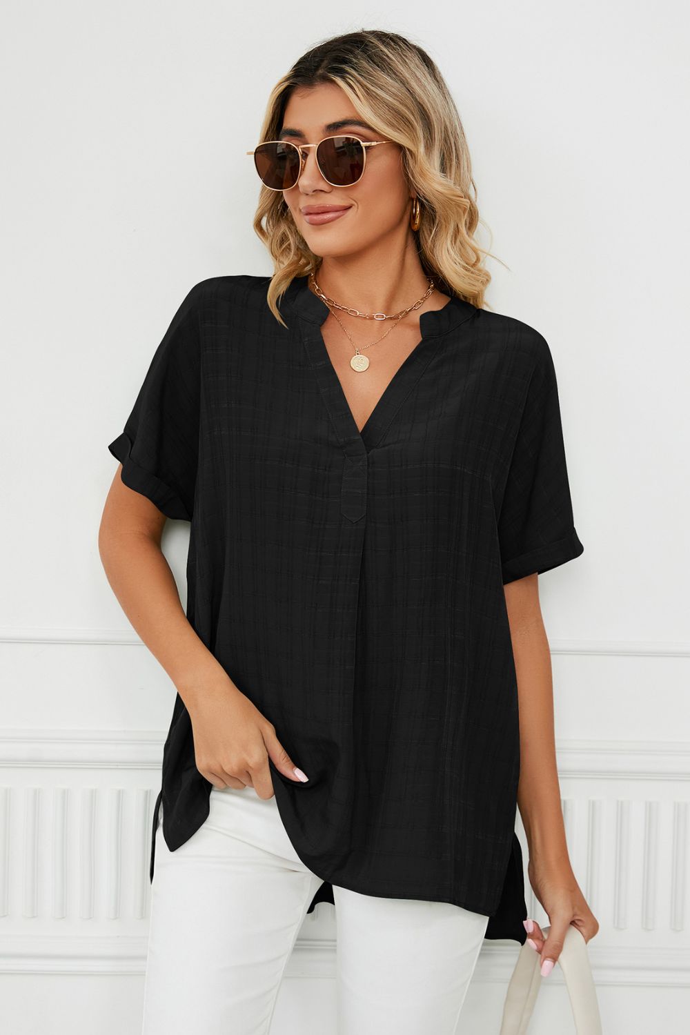 Full Size Side Slit Notched Neck Cuffed Short Sleeve Blouse