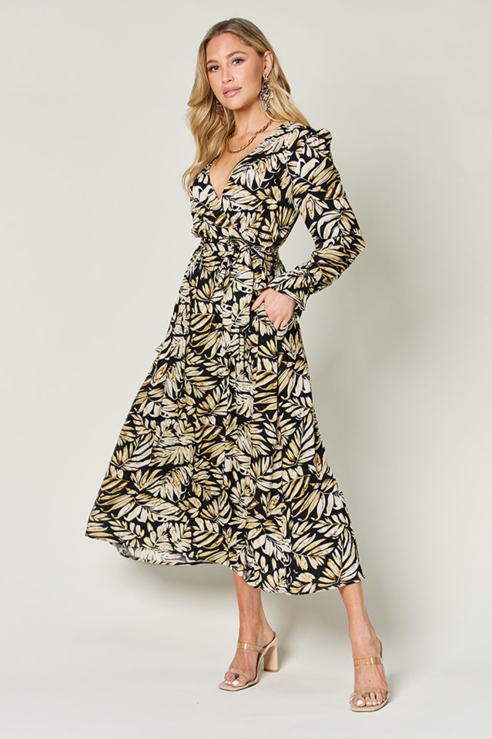 Double Take Full Size Tie Back Flounce Sleeve Dress