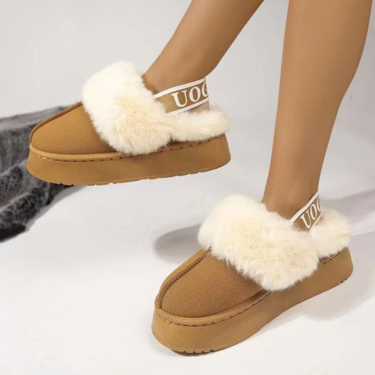 Plush Platform Slippers with Letter Strap