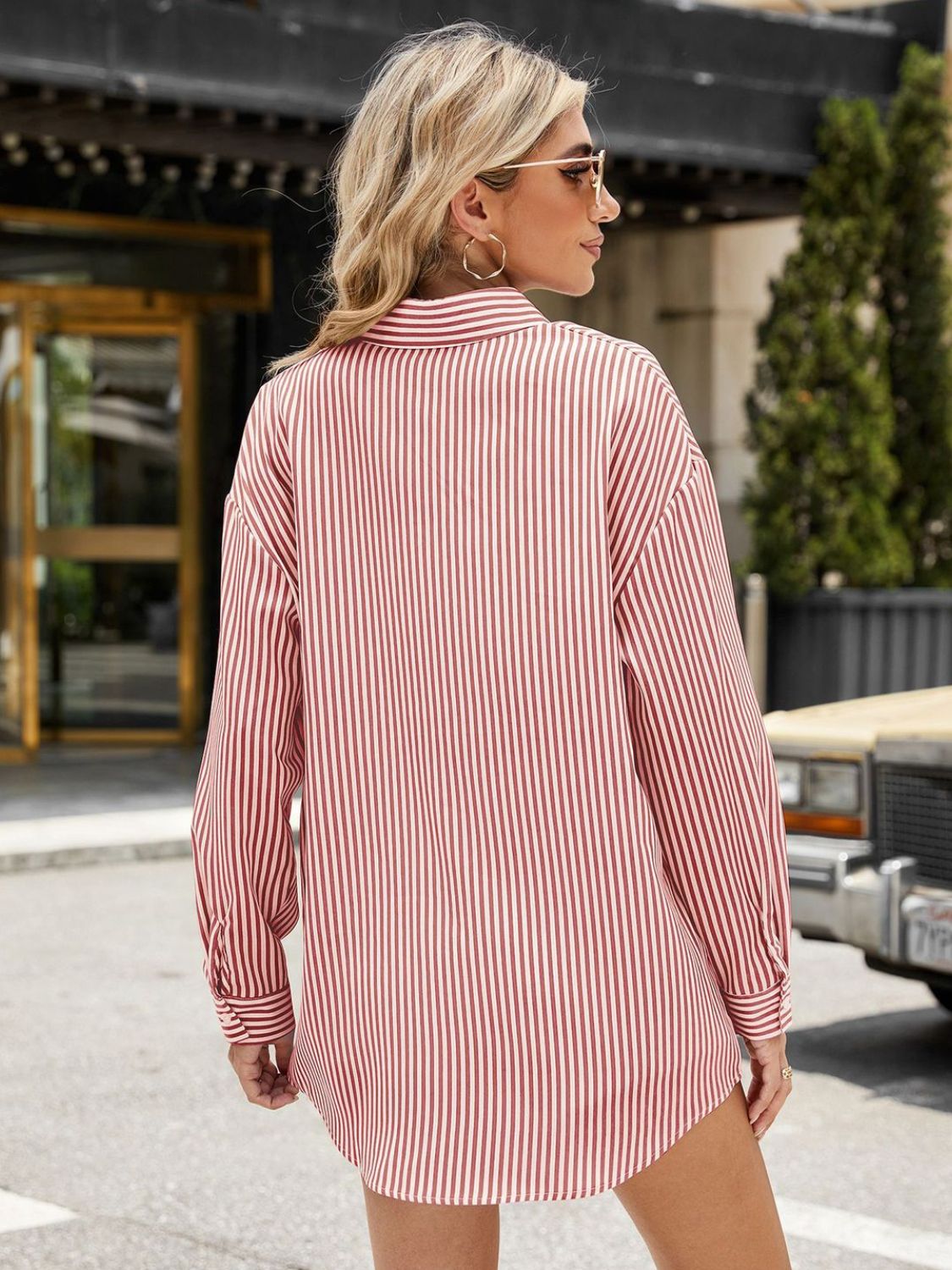 Full Size Pocketed Striped Collared Neck Long Sleeve Shirt