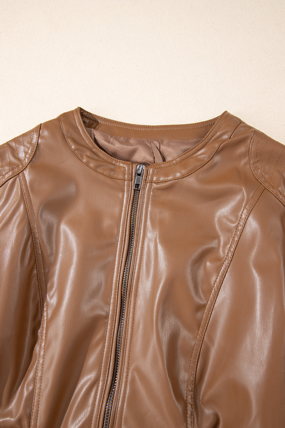 PU Leather Round Neck Long Sleeve Jacket