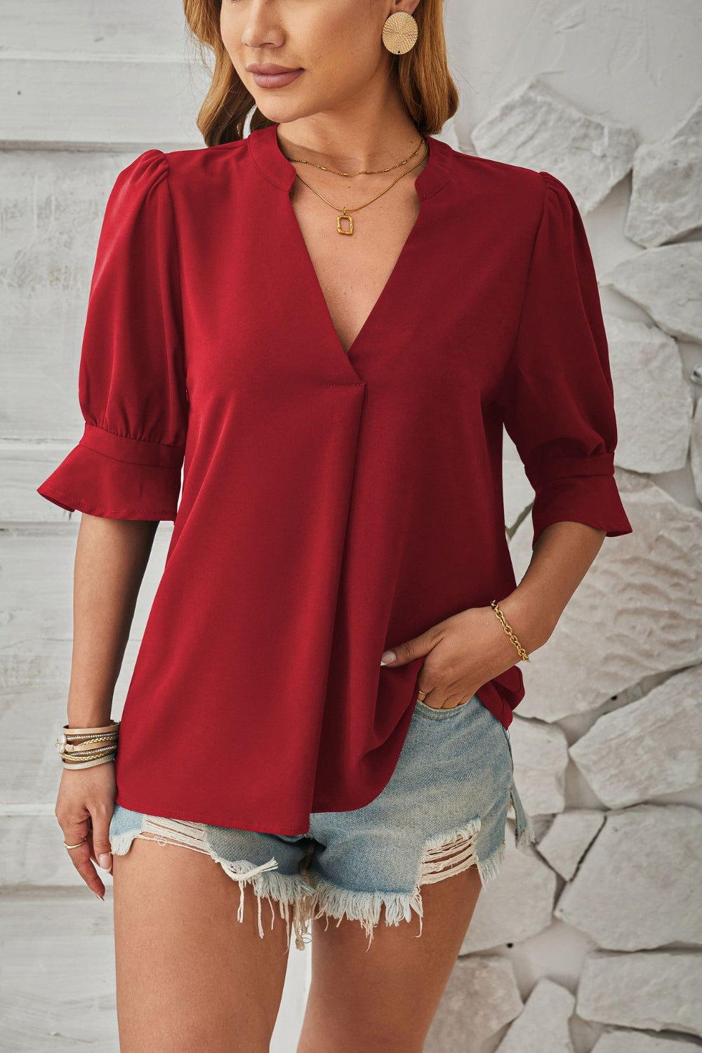 Full Size Notched Half Sleeve Blouse