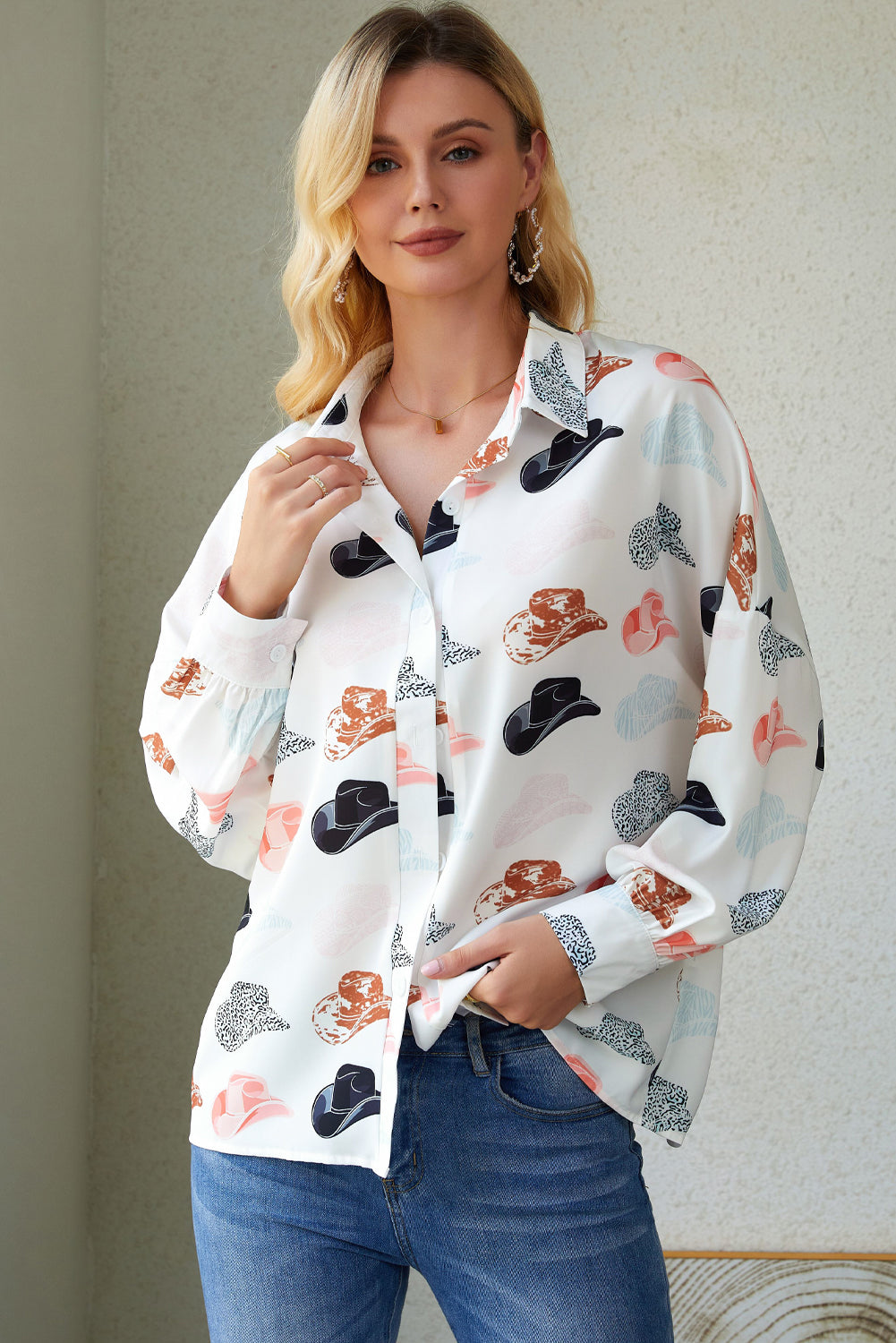 Hat Print Collared Neck Long Sleeve Shirt