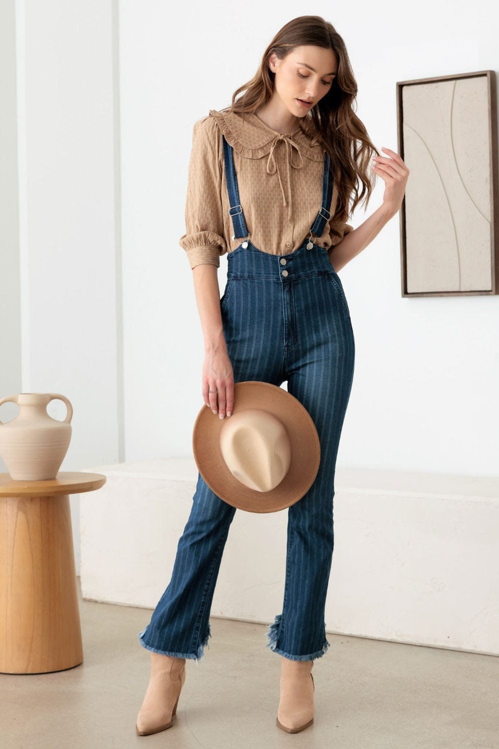 Litz La Striped Stretched Suspender Denim Overalls