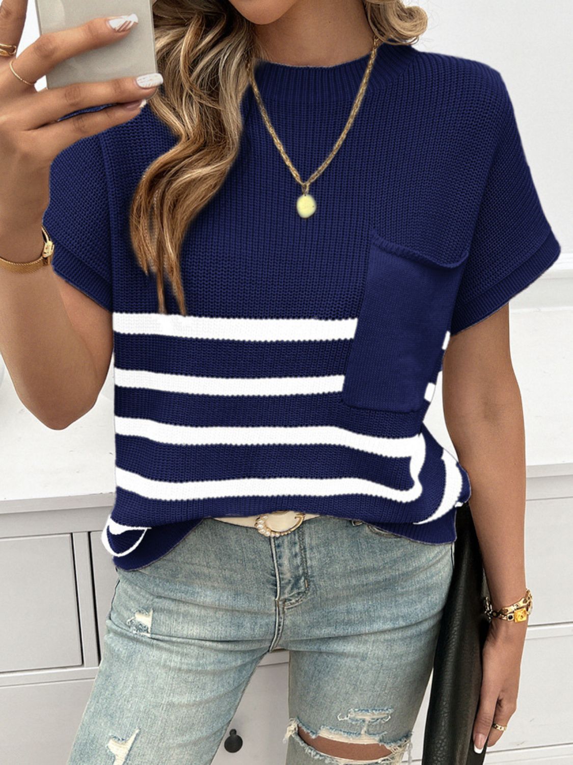 Devine Striped Round Neck Short Sleeve Sweater