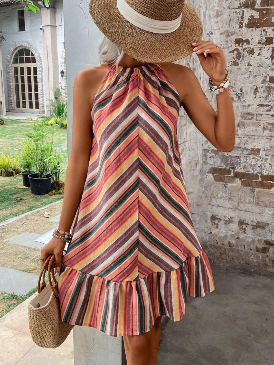 Striped Grecian Neck Mini Dress