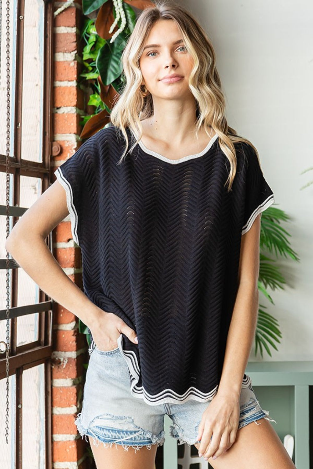 First Love Full Size Contrast Wavy Crochet Drop Shoulder Knit Top