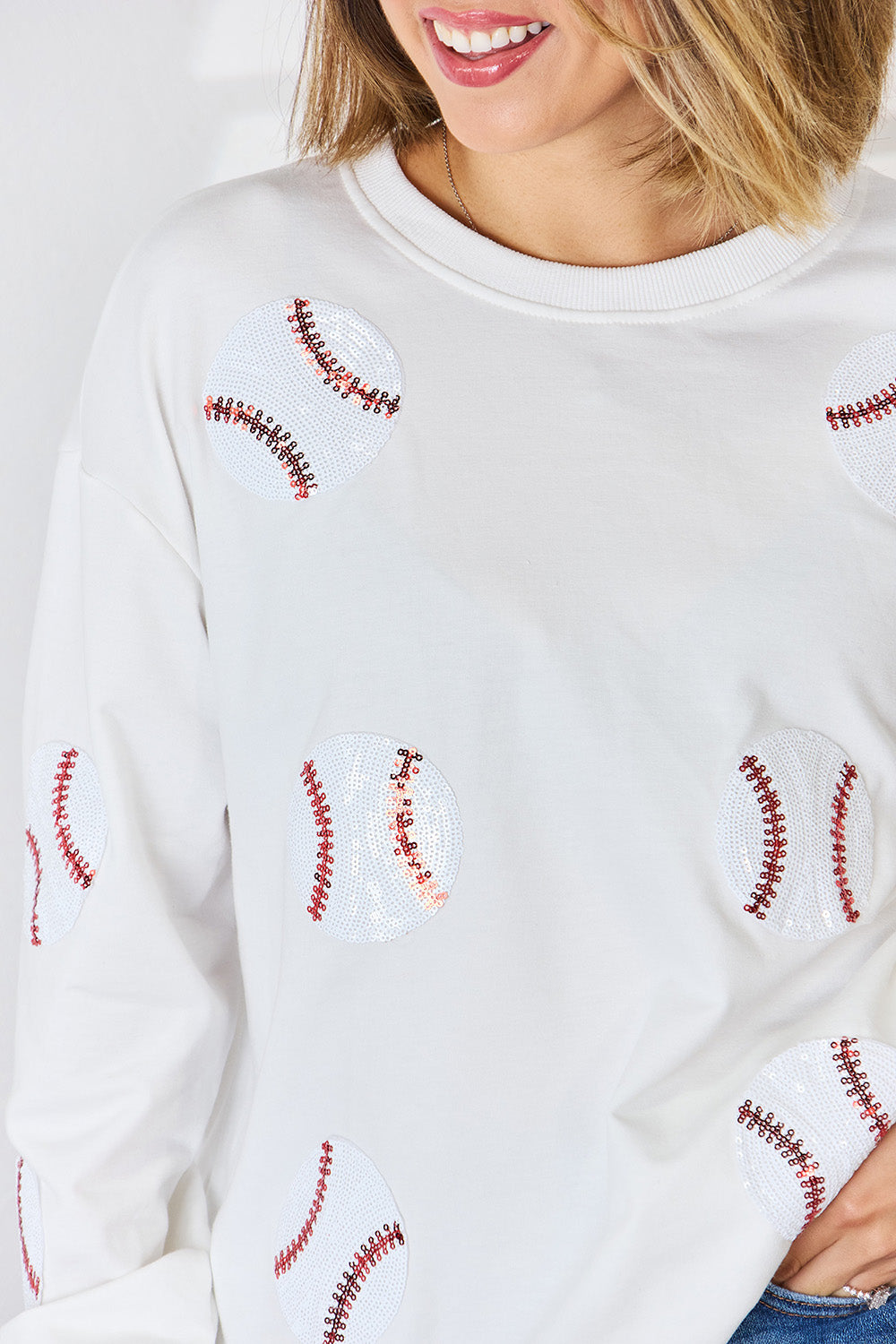 Sequin Baseball Round Neck Dropped Shoulder Sweatshirt