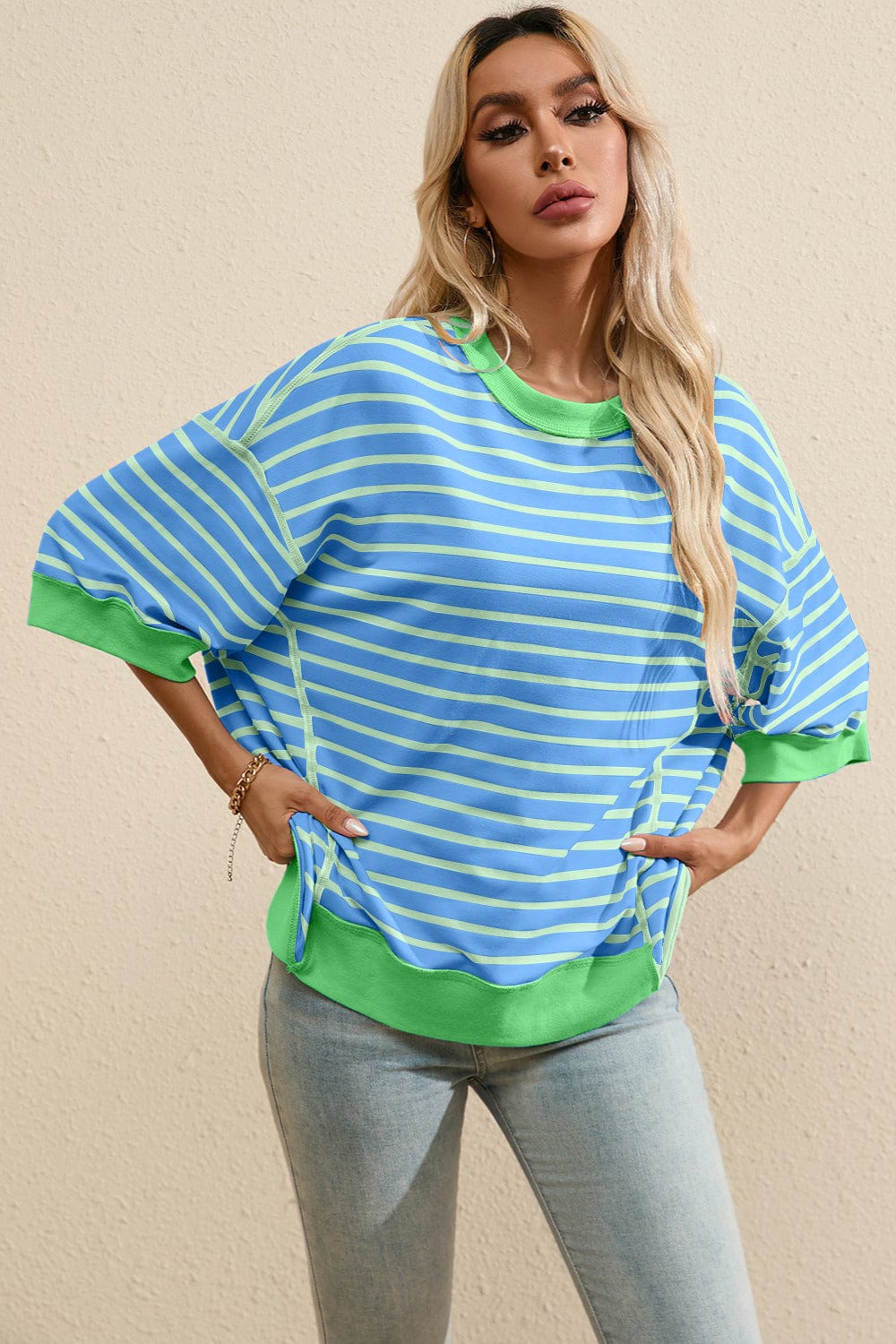 Full Size Striped Round Neck Half Sleeve T-Shirt