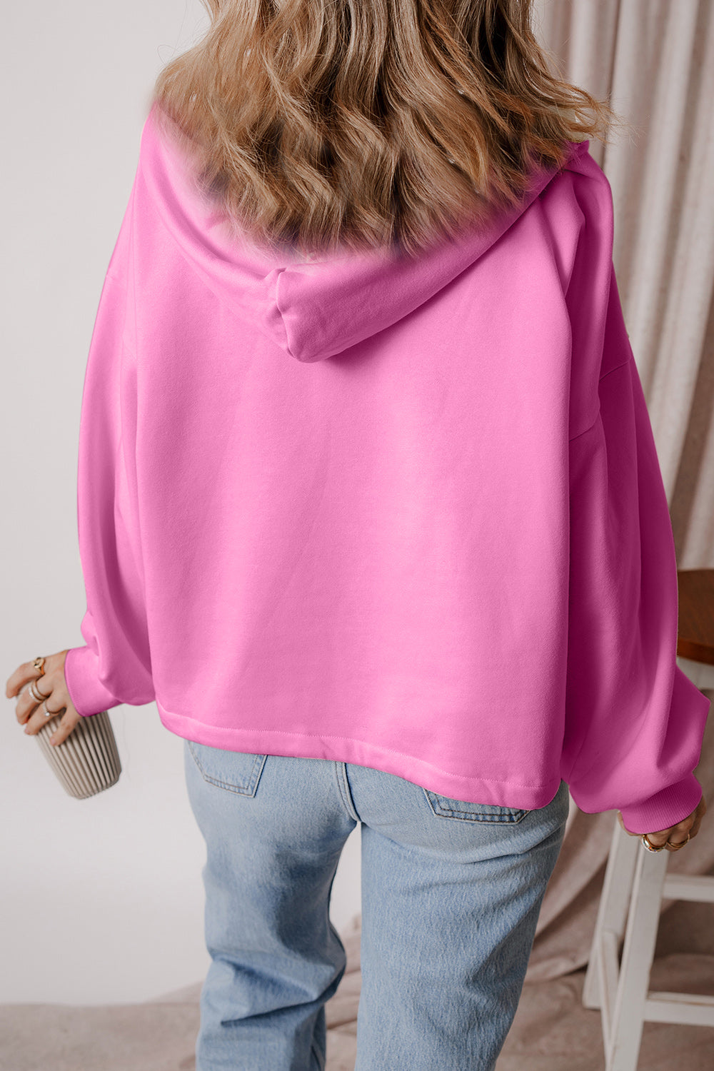 Pocketed Half Zip Dropped Shoulder Hoodie