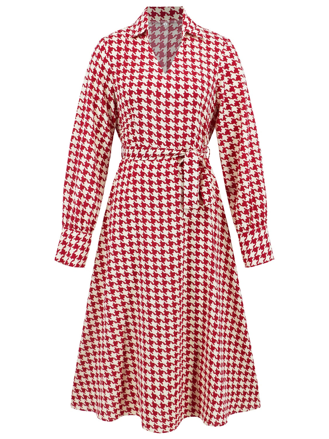 Tied Houndstooth Long Sleeve Midi Dress