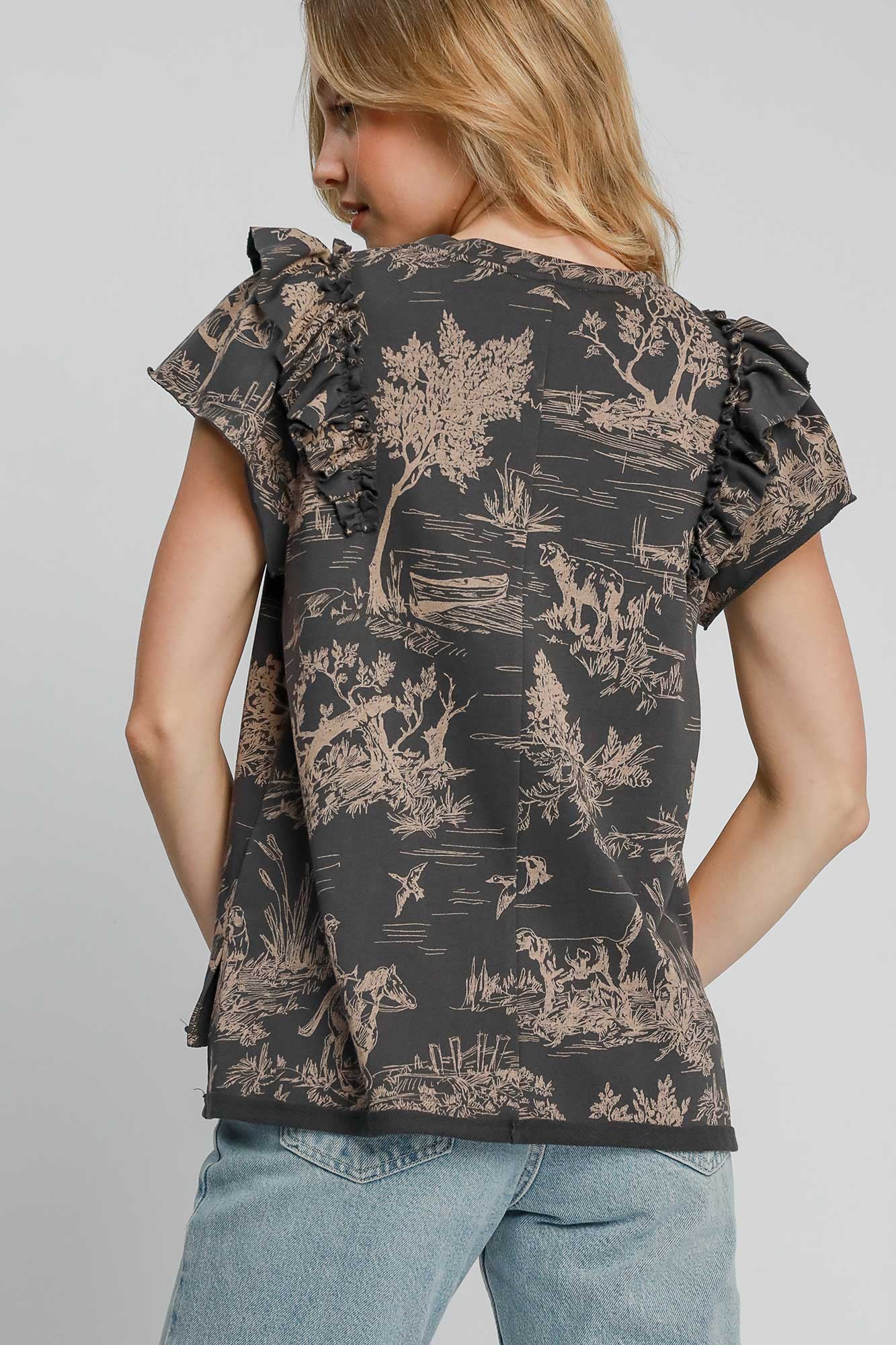 Umgee Ruffled Landscape Print Short Sleeve French Terry Top