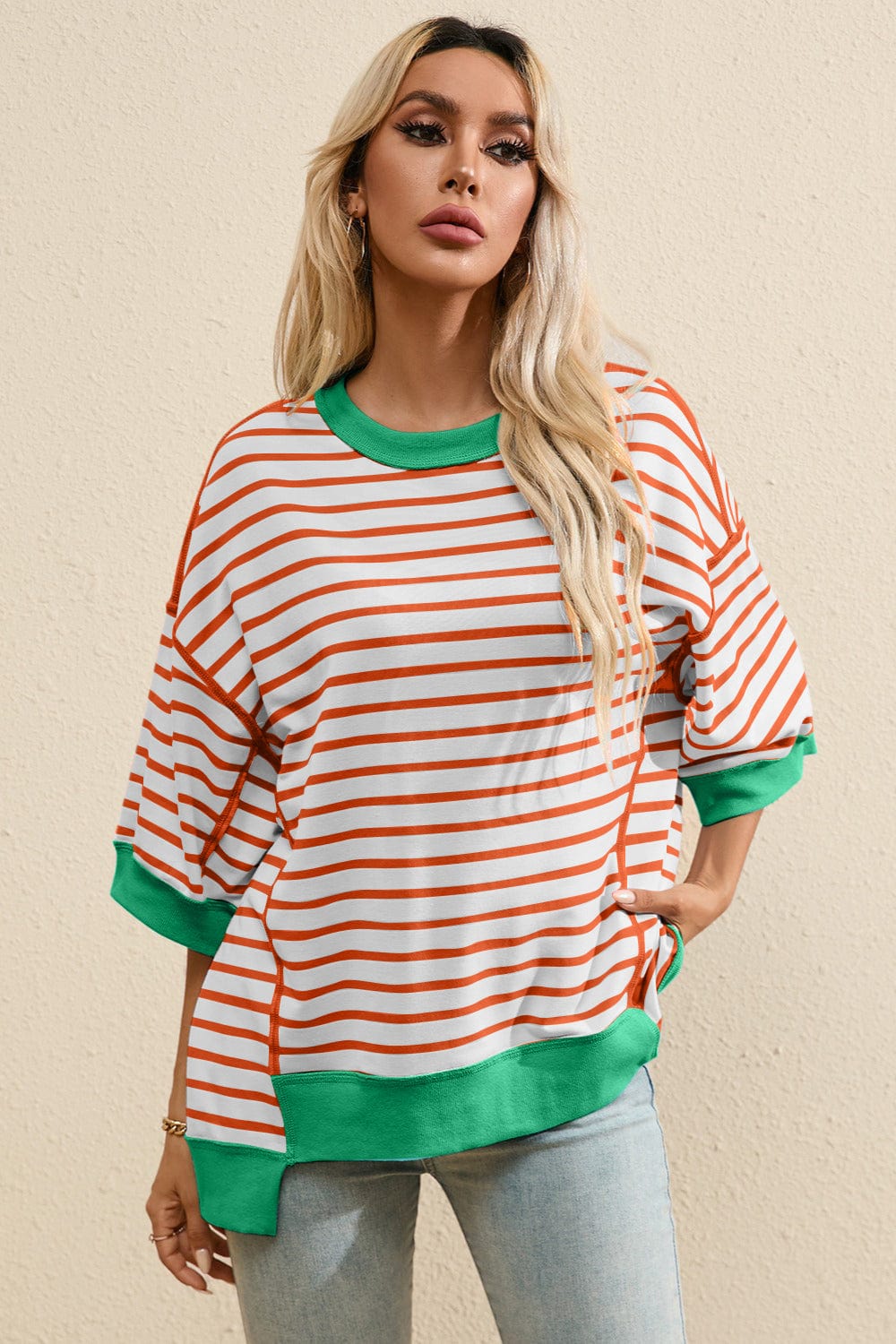 Full Size Striped Round Neck Half Sleeve T-Shirt