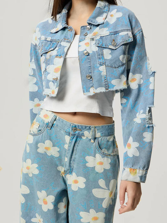 Distressed Raw Hem Floral Collared Neck Denim Top