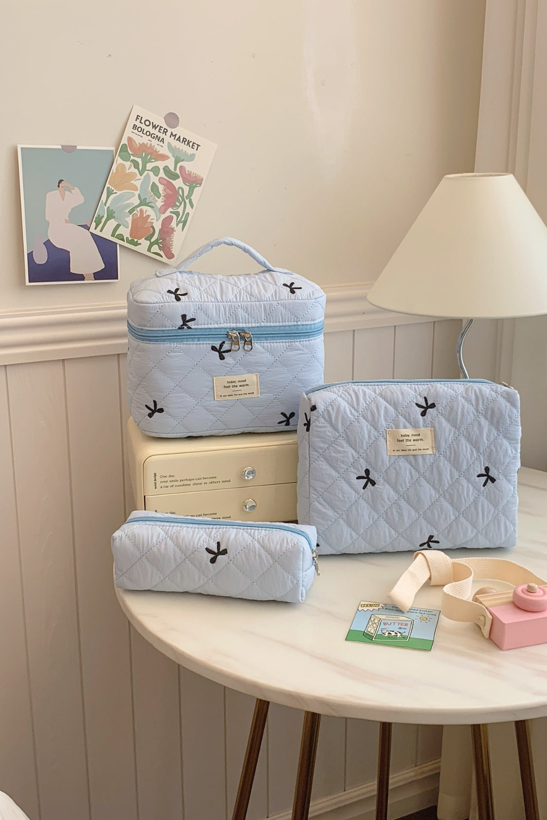 3 Piece Bow Quilted Cloth Storage Bag Set