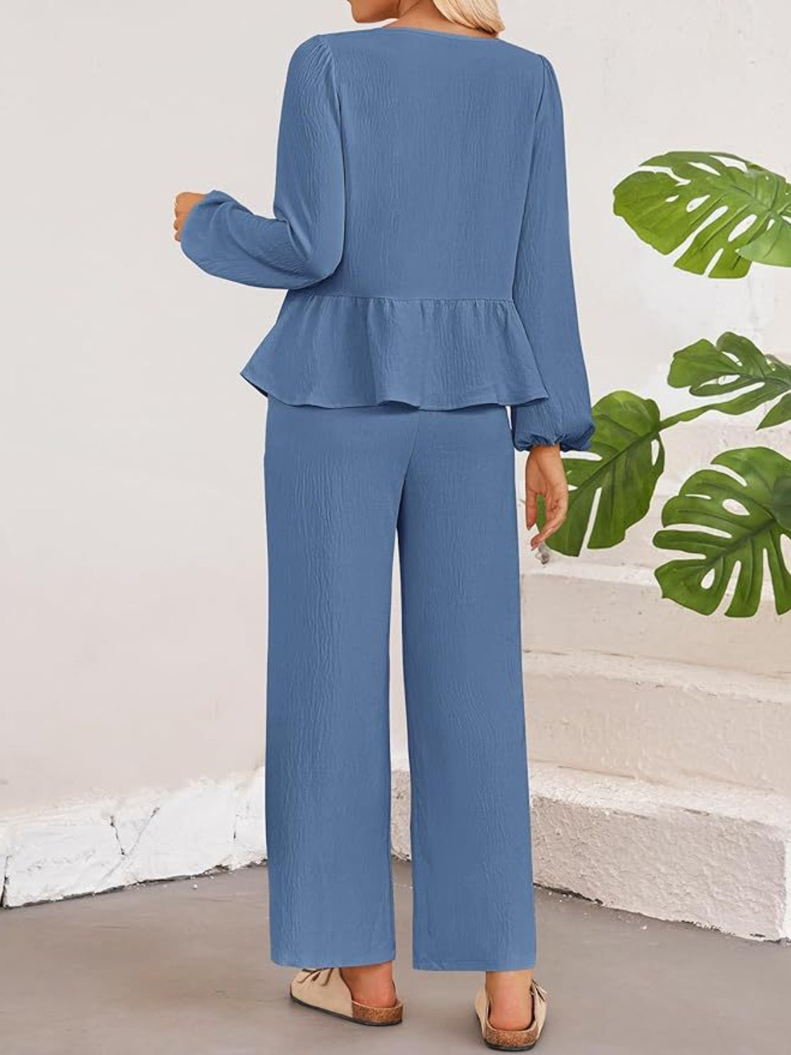 Tie Neck Balloon Sleeve Top and Pants Set